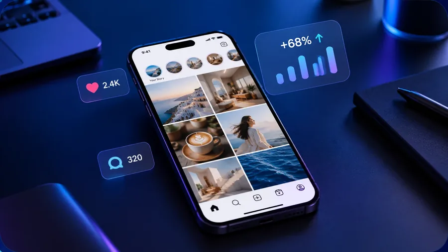 Instagram profile grid on a phone with likes, comments and a growth chart