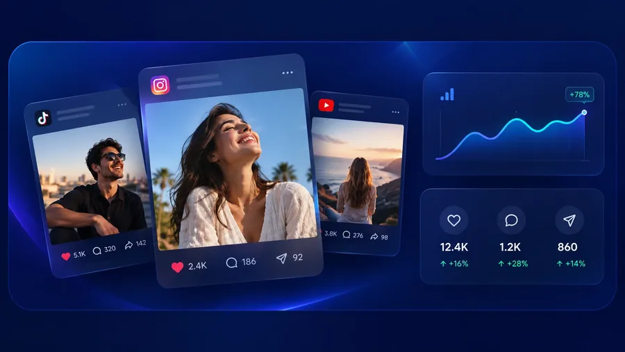TikTok, Instagram and YouTube posts with engagement stats