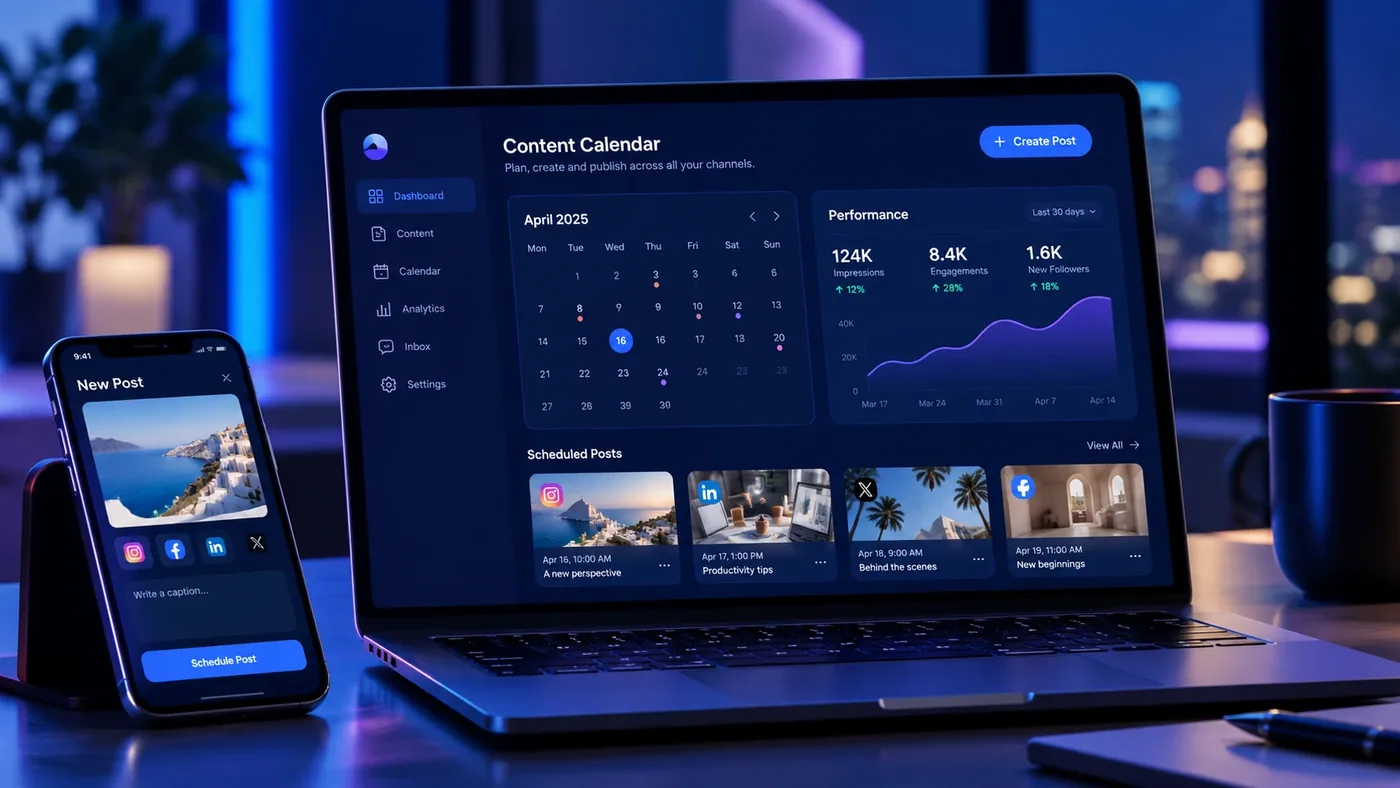 Content calendar dashboard with scheduled posts and performance stats